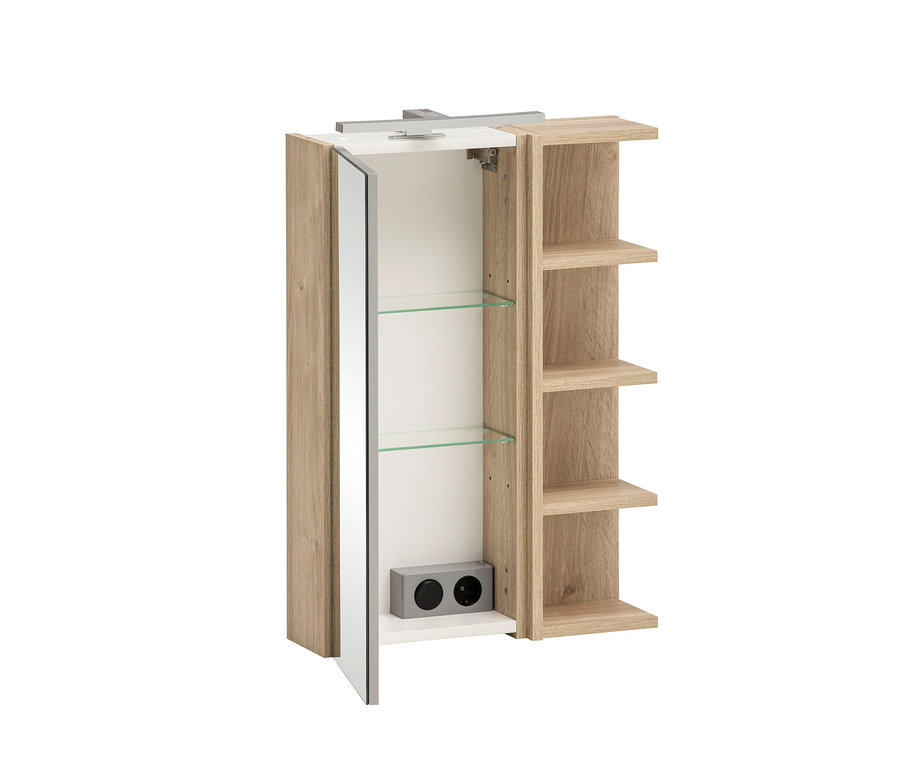 Geöffneter Spiegelschrank „Mads 400“ mit Regal.