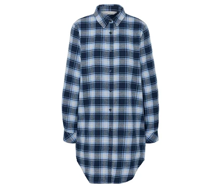 Langes Hemd mit blauem, grauem und weißem Karomuster.