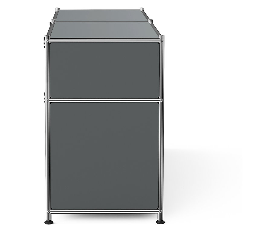 Grauer Schrank mit zwei Schubladen und einem Chromrahmen.