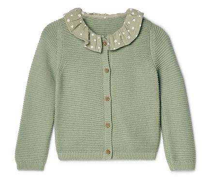 Hellgrüne Strickjacke mit Rüschenkragen und Knopfleiste.