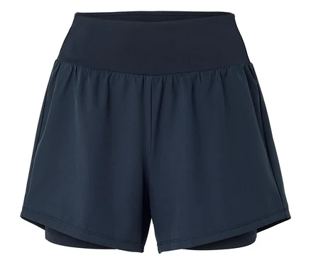Eine dunkelblaue kurze Hose mit einem breiten, elastischen Bund.