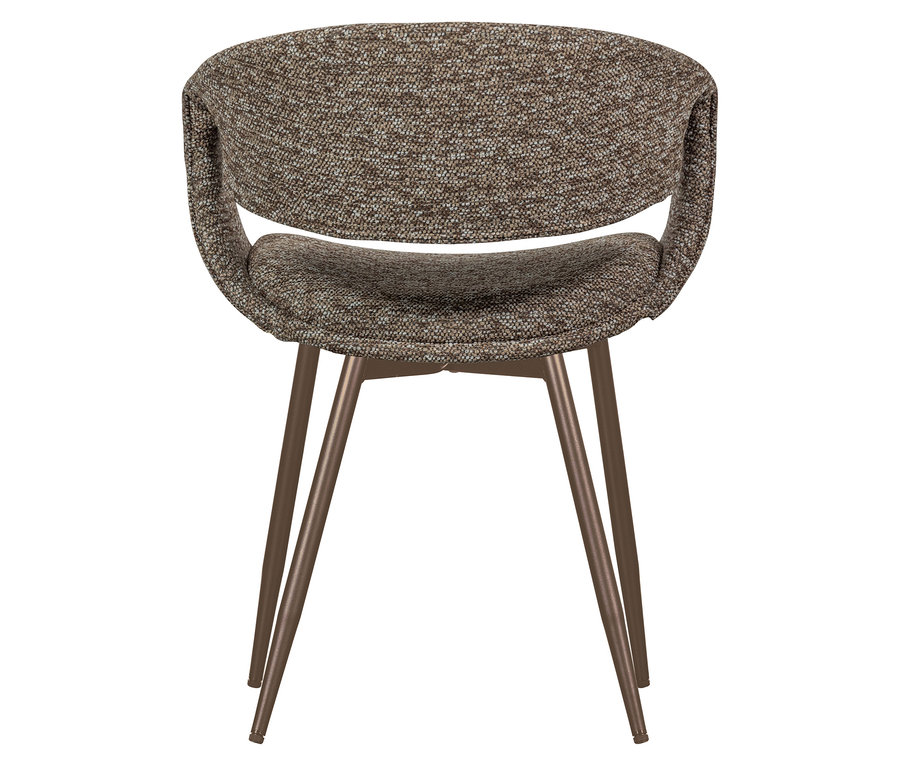 Ein einzelner kupfer-brauner WOOOD Esszimmerstuhl »Yossi« mit Metallfuß aus einem 2er-Set steht vor einem weißen Hintergrund.