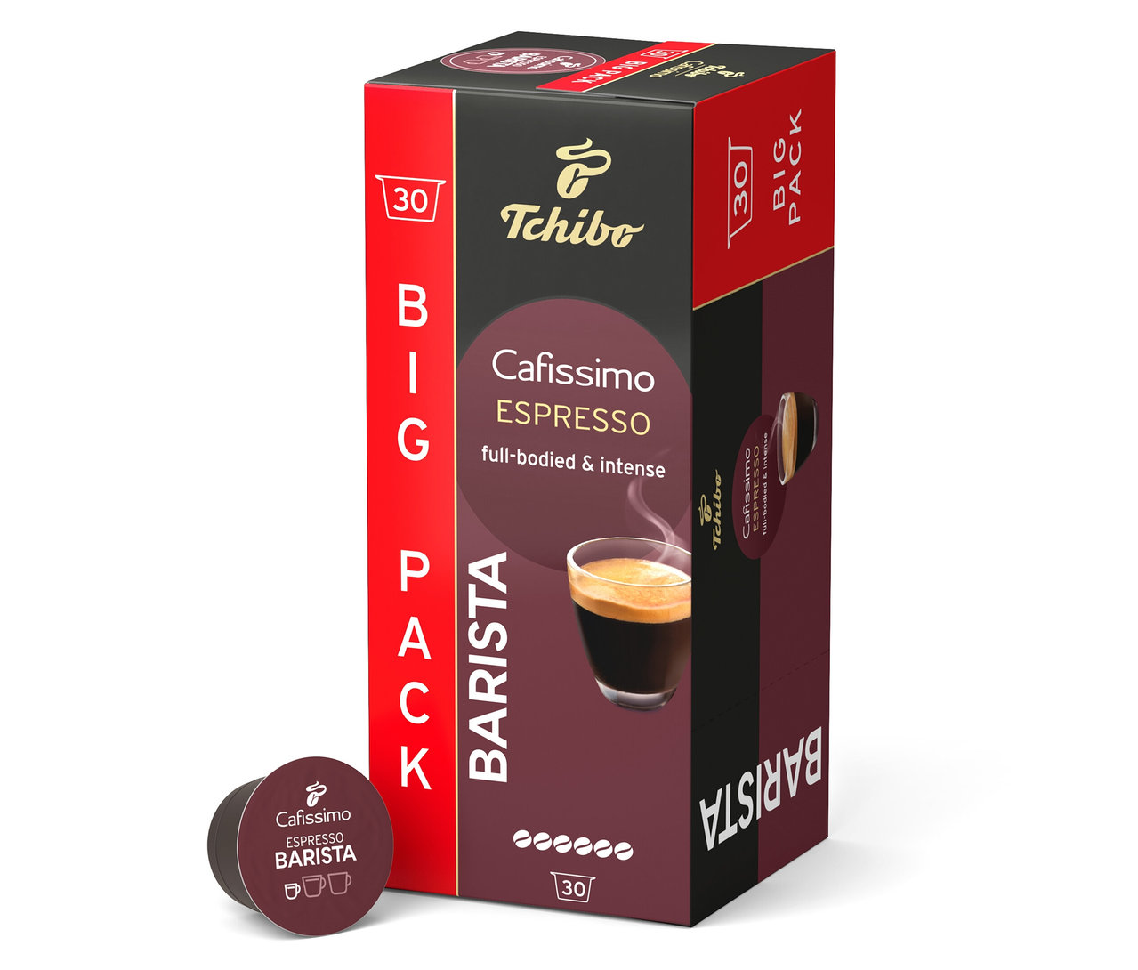 Eine Packung Cafissimo BARISTA Espresso - 30 Kapseln steht neben einer einzelnen Kapsel.