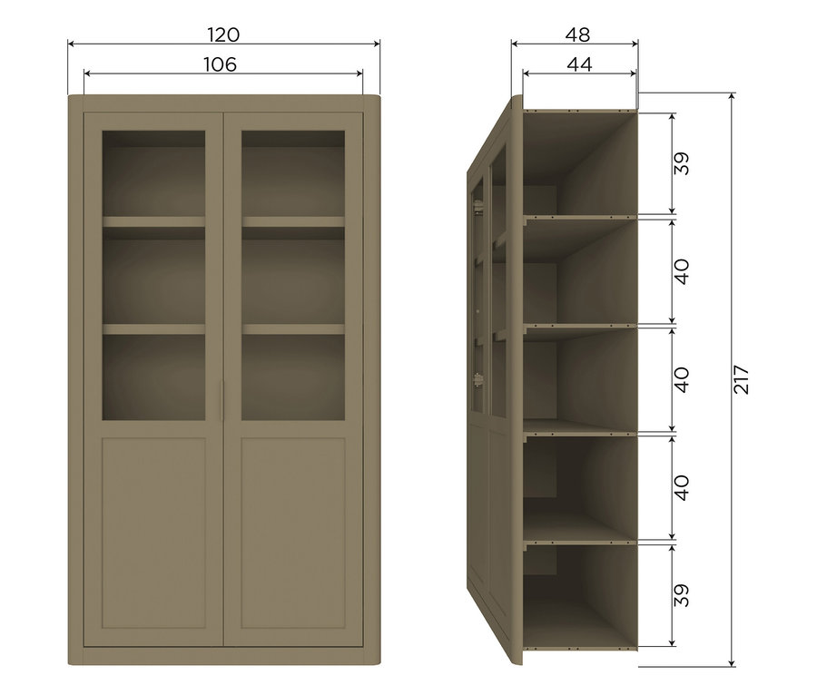 Illustration eines beigen Bücherschranks mit Glastüren, der von vorne und von der Seite mit Maßangaben gezeigt wird.