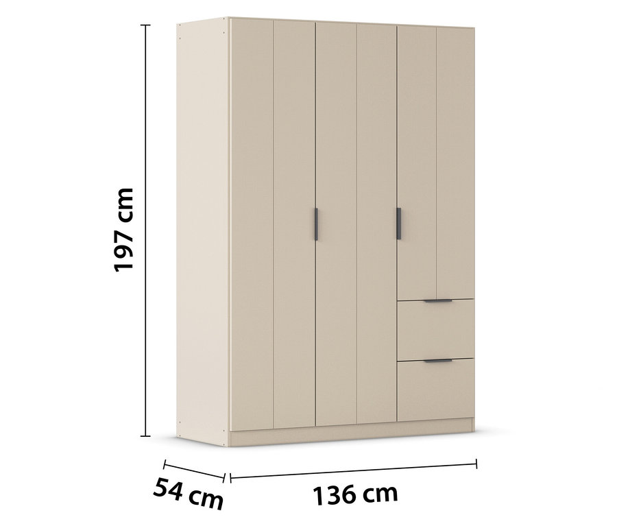Beiger Kleiderschrank mit vier Türen und zwei Schubladen, Maße 197 x 136 x 54 cm.