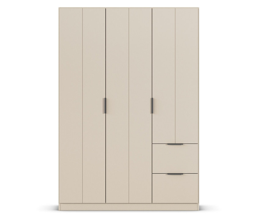 Beiger Kleiderschrank mit vier Türen und zwei Schubladen.
