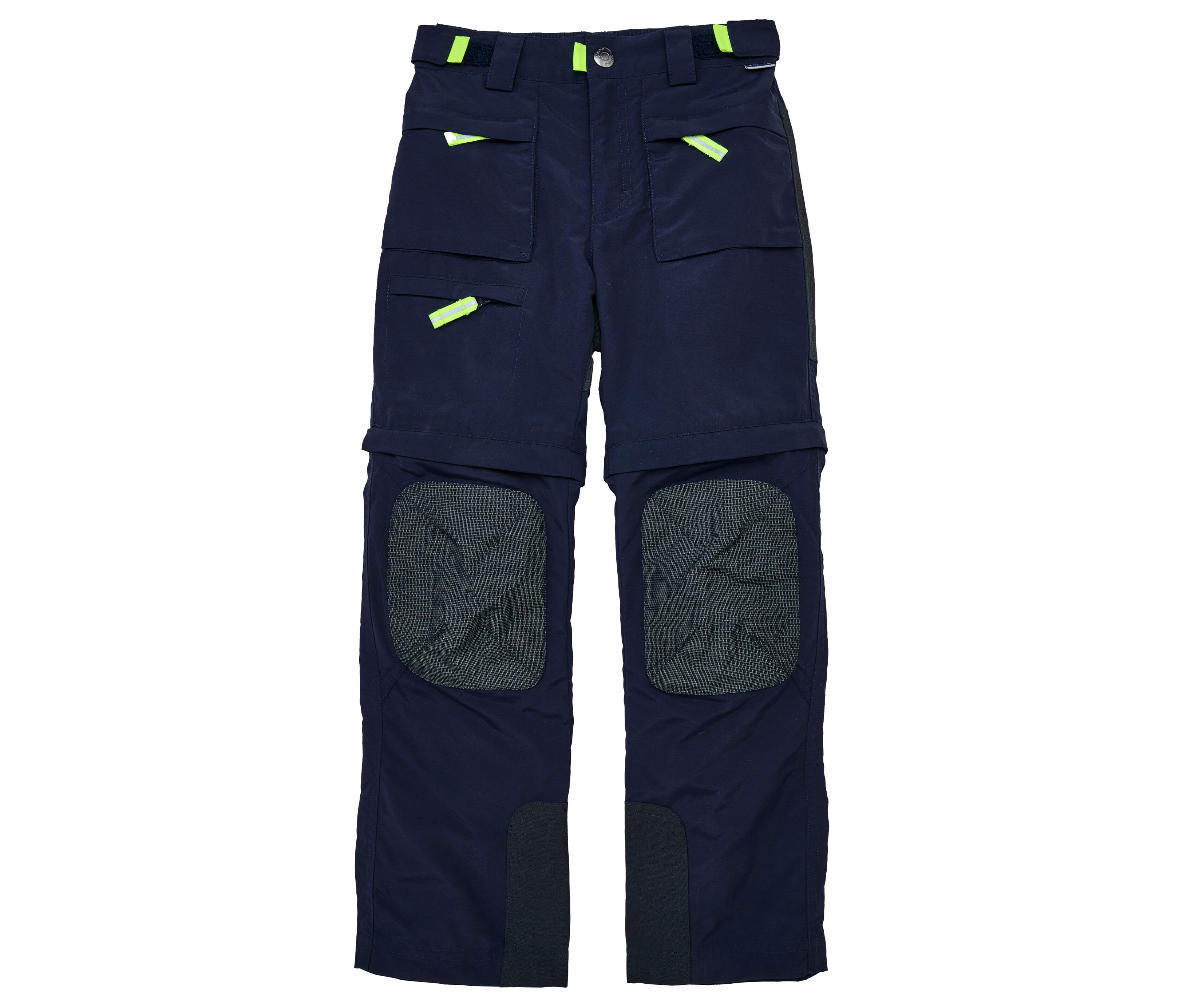 Marinefarbene JAKO-O Zipp-off-Hose mit Taschen und neonfarbenen Details.