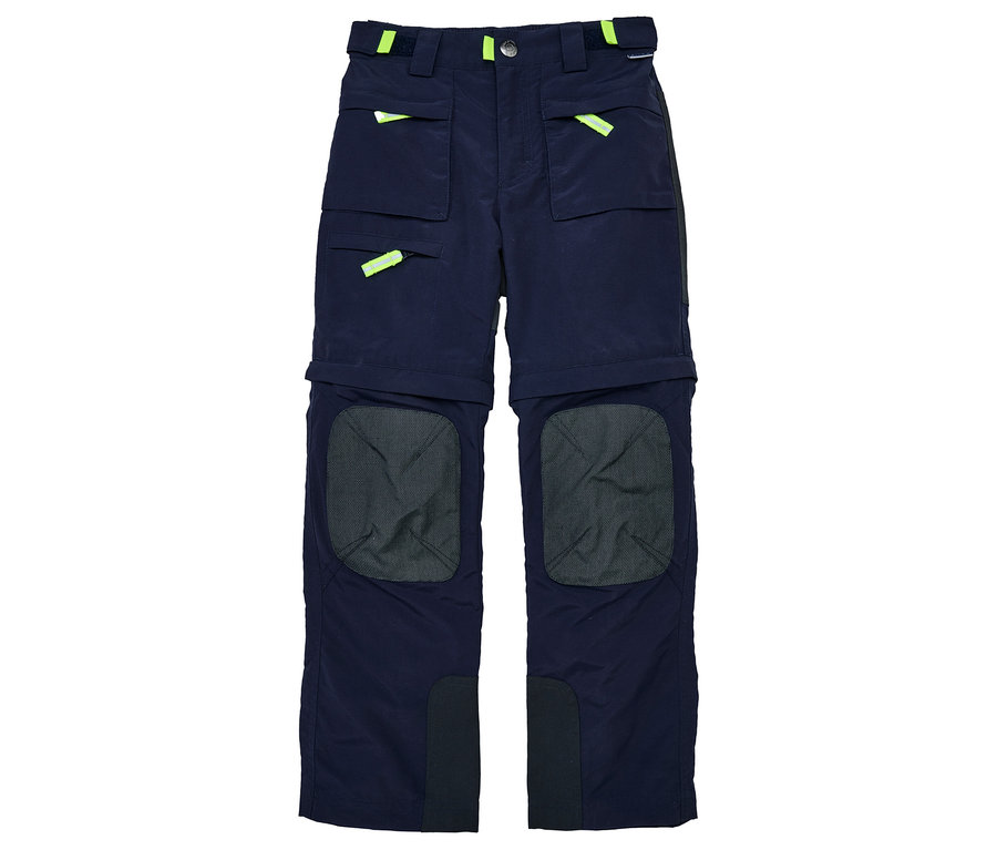 Marinefarbene JAKO-O Zipp-off-Hose mit Taschen und neonfarbenen Details.