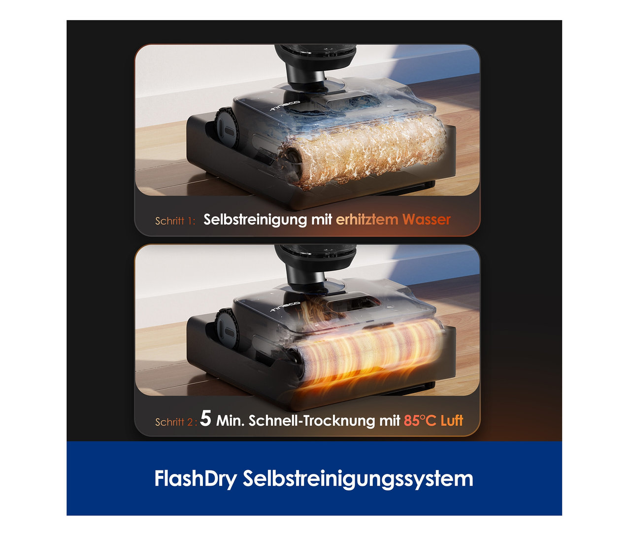 Nahaufnahme des Tineco Nass-Trockensaugers »S7 Stretch Steam Plus« in zwei Phasen: Selbstreinigung mit erhitztem Wasser und 5-minütige Schnelltrocknung mit 85°C Luft.