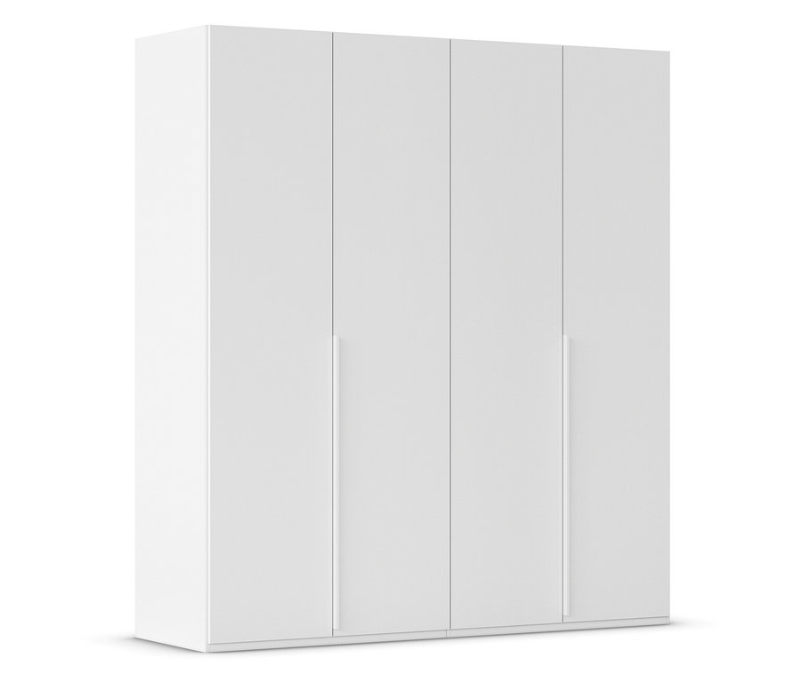 Weißer Kleiderschrank mit vier Türen und langen, schmalen Griffen.
