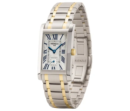 Nahaufnahme der Kienzle Uhr »Bella Classica«, bicolor mit silbernem Zifferblatt und goldfarbenen Akzenten am Armband.