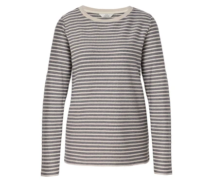 Grau-beiges gestreiftes Outdoor-Shirt mit Rundhalsausschnitt.