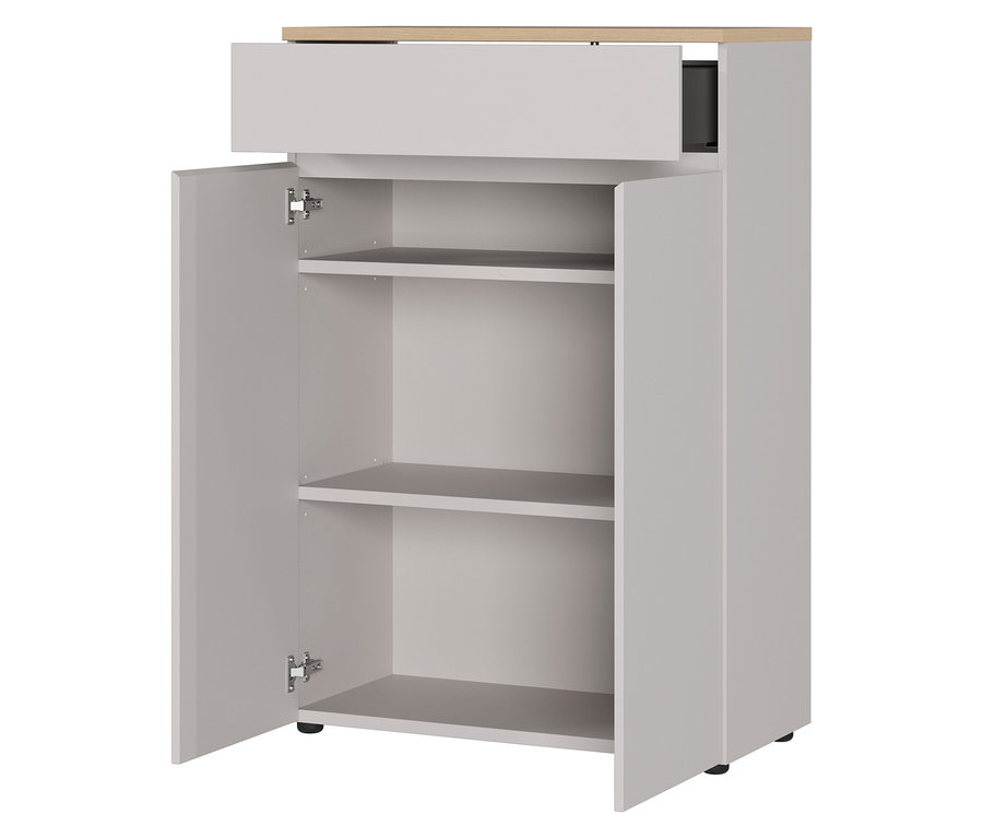 Der kleine, graue Aktenschrank »Lissabon« hat eine offene Tür, einen Schubkasten und zwei Regalböden.
