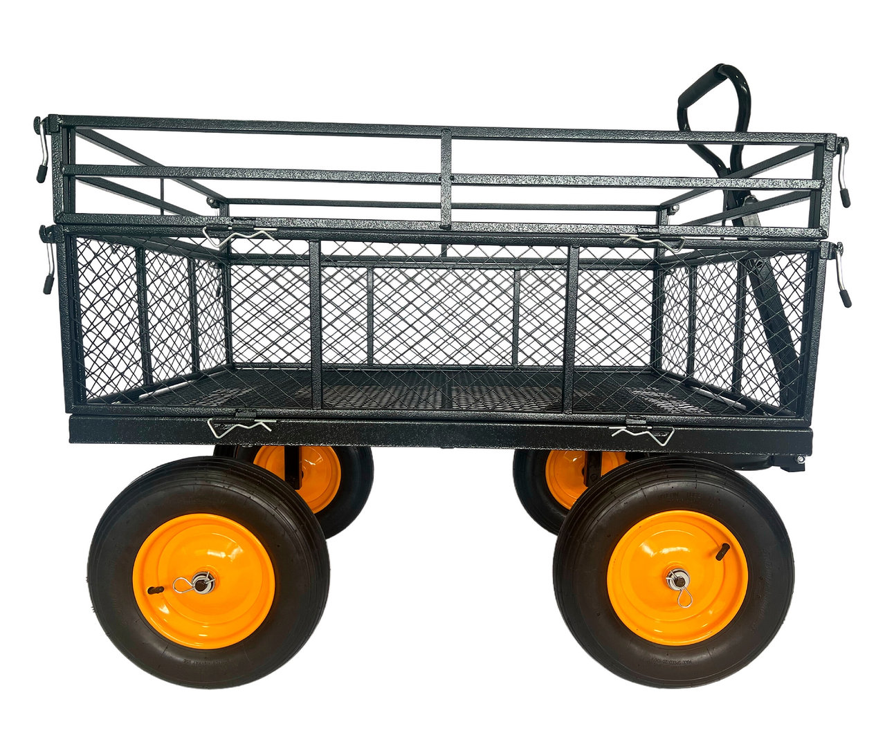 Ein grauer Bollerwagen mit gelben Rädern steht vor einem weißen Hintergrund.