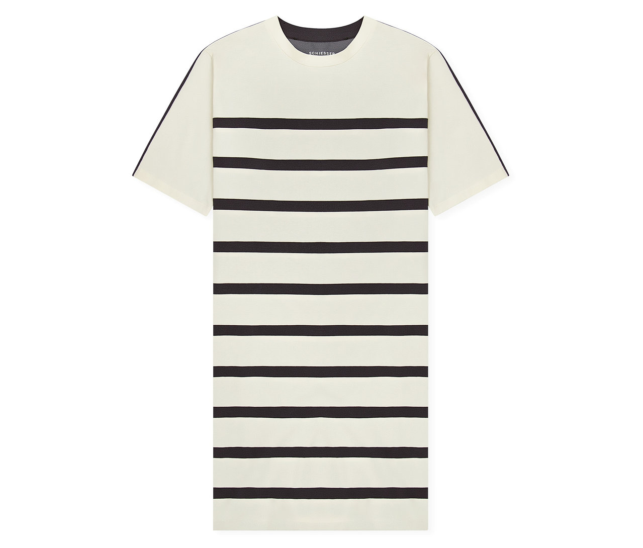 Cremefarbenes, kurzärmeliges SCHIESSER Nachthemd mit horizontalen schwarzen Streifen und dunklem Rundhalsausschnitt.