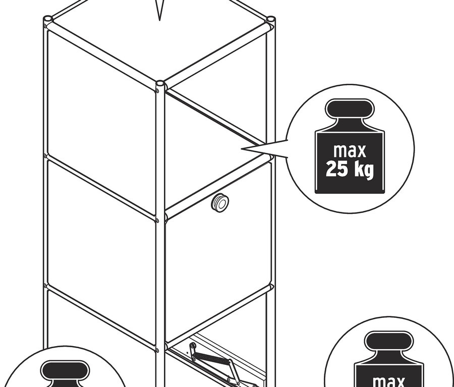 Draufsicht einer schmalen Kommode Metall »CN3« mit 2 Klappenfächern, wobei eine davon geöffnet ist.