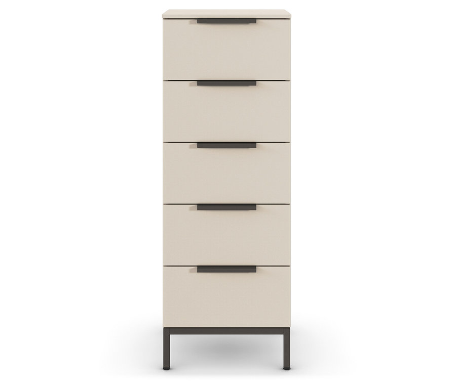 Beige Kommode mit fünf Schubladen und schwarzen Griffen auf dunklem Metallgestell.