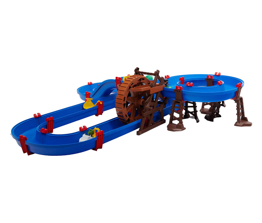Blaues AquaPlay Wasserbahn »WaterWheel« Spielzeug mit braunem Wasserrad und gelbem, grünem und blauem Spielzeugboot.