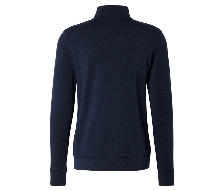 Dunkelblaues Langarmshirt mit Stehkragen, von hinten fotografiert.