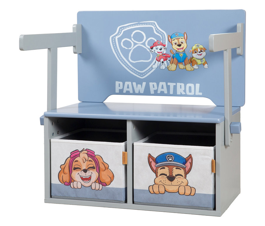 Helles blaues Regal mit Paw Patrol-Motiven und zwei Aufbewahrungsboxen mit Skye und Chase.