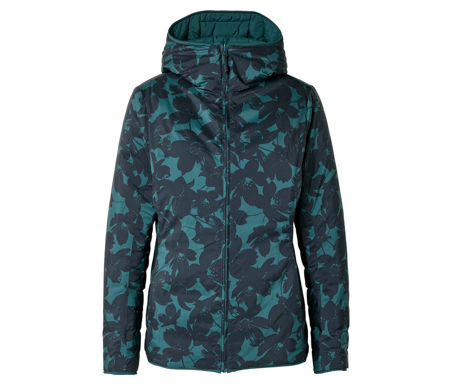 Blaugrüne, gefütterte Jacke mit Kapuze und durchgehendem Blumendruck.