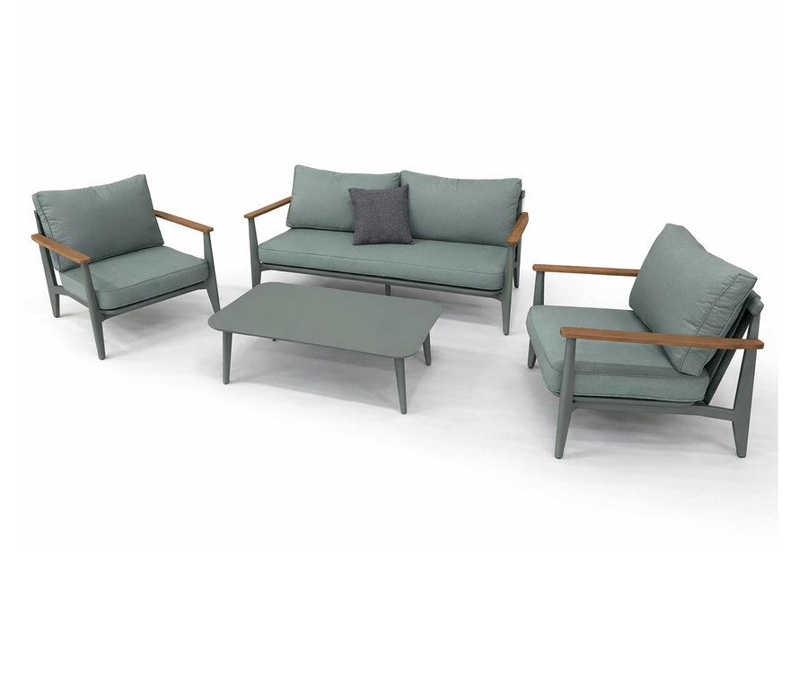Leco Lounge-Set inkl. Tisch mit zwei Sesseln, einem Sofa mit Kissen und einem Tisch in Grau auf weißem Grund.