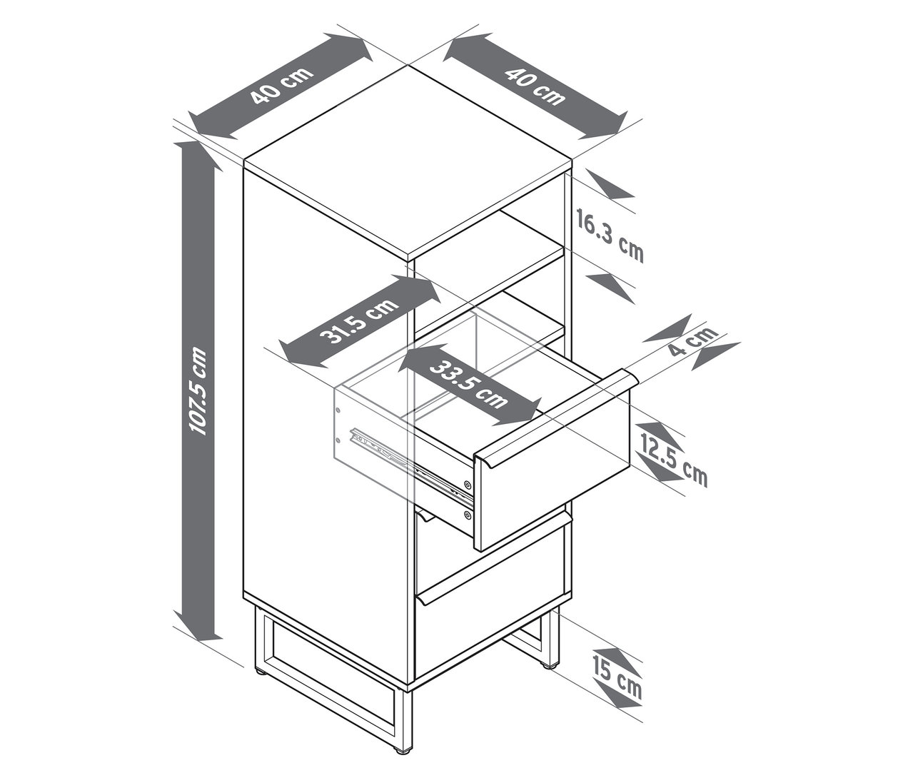 Illustration eines Schubladenturms »LEEG« mit 3 Schubladen und 2 Fächern, einschließlich Maßangaben.