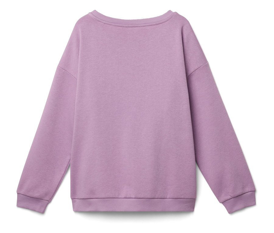 Rückansicht eines lila Sweatshirts mit langen Ärmeln.