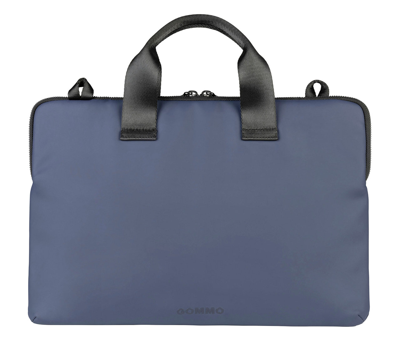 Eine marineblaue Laptoptasche mit schwarzen Griffen und Reißverschluss liegt vor einem weißen Hintergrund.