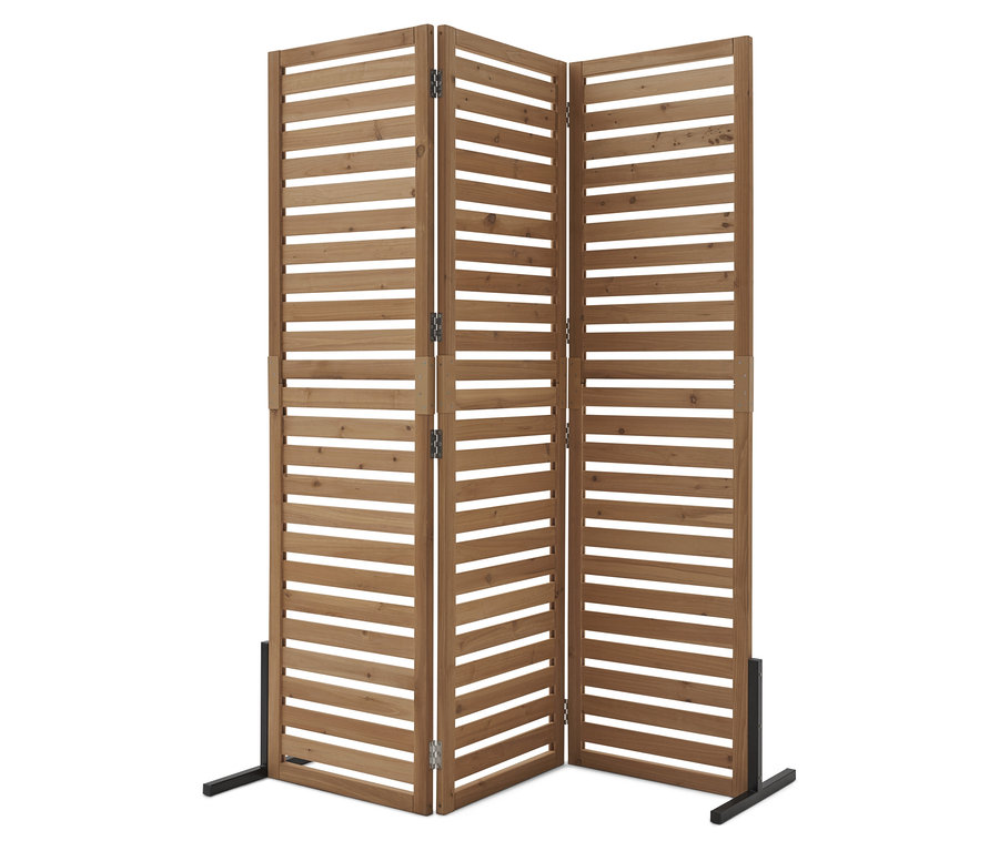 Dreiteiliger, brauner Sichtschutz aus Holzlatten mit schwarzem Metallfuß vor einem weißen Hintergrund.