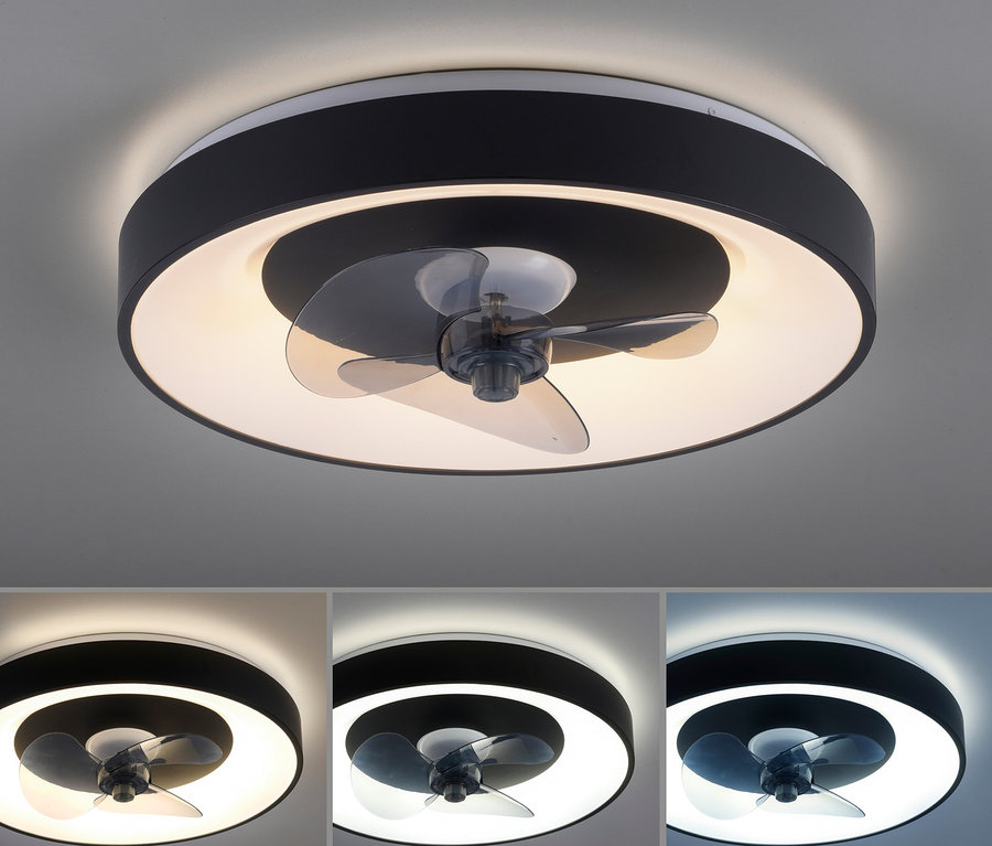 Eine runde Deckenleuchte in Schwarz und Weiß mit integriertem transparentem Ventilator. Das Hauptbild zeigt sie beleuchtet, während drei kleinere Bilder darunter ihre warm-, neutral- und kaltweißen Lichteinstellungen zeigen.