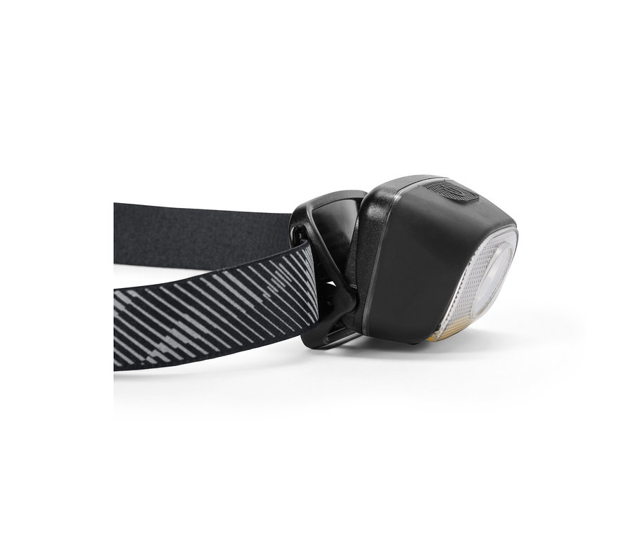 Detailansicht einer schwarzen Stirnlampe mit einem gestreiften Kopfband.