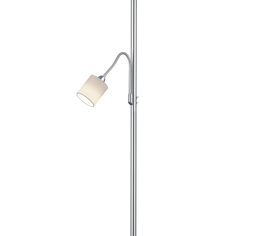 Stehlampe mit silbernem Gestell, großem weißen Stoffschirm und einem kleineren, verstellbaren Leselicht.