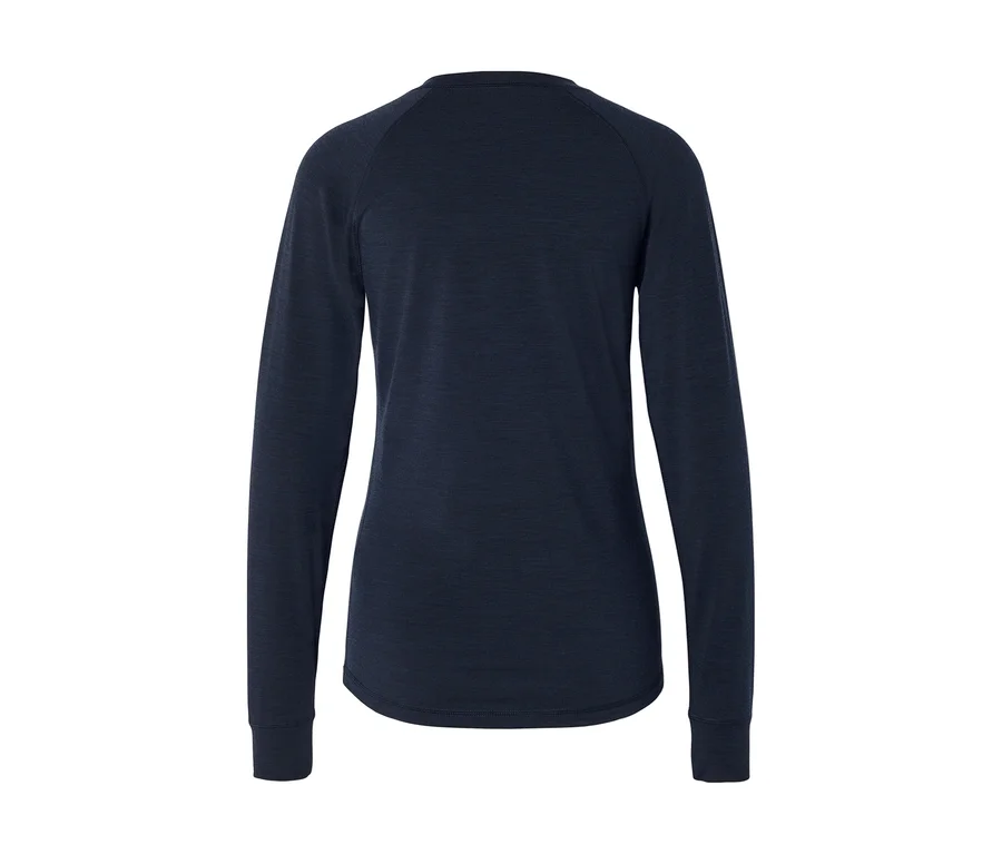 Rückansicht eines dunkelblauen Langarmshirts mit Raglanärmeln und leicht abgerundetem Saum.
