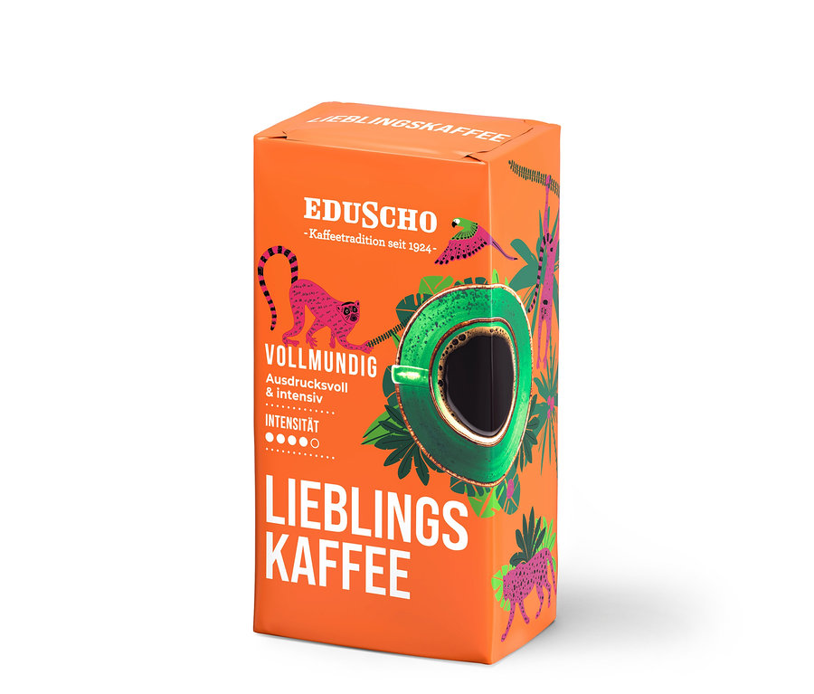 Orangefarbene Packung Eduscho Lieblingskaffee gemahlener Kaffee mit einer Abbildung einer Kaffeetasse und Dschungeltieren.