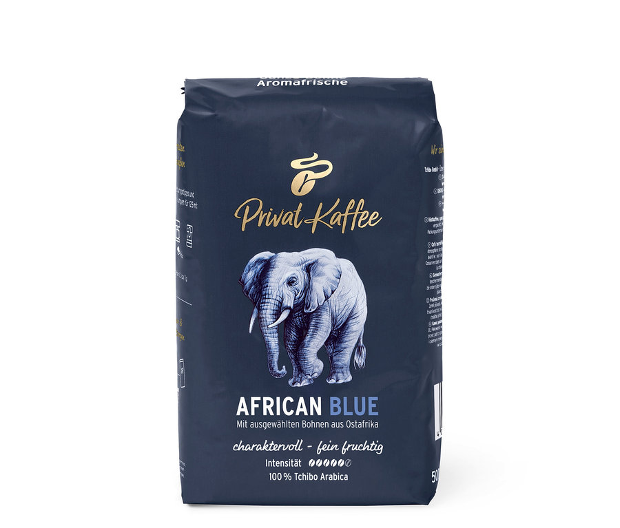 Eine Packung Privat Kaffee African Blue - 1x 500 g Ganze Bohne. Auf der Packung ist ein Elefant abgebildet.