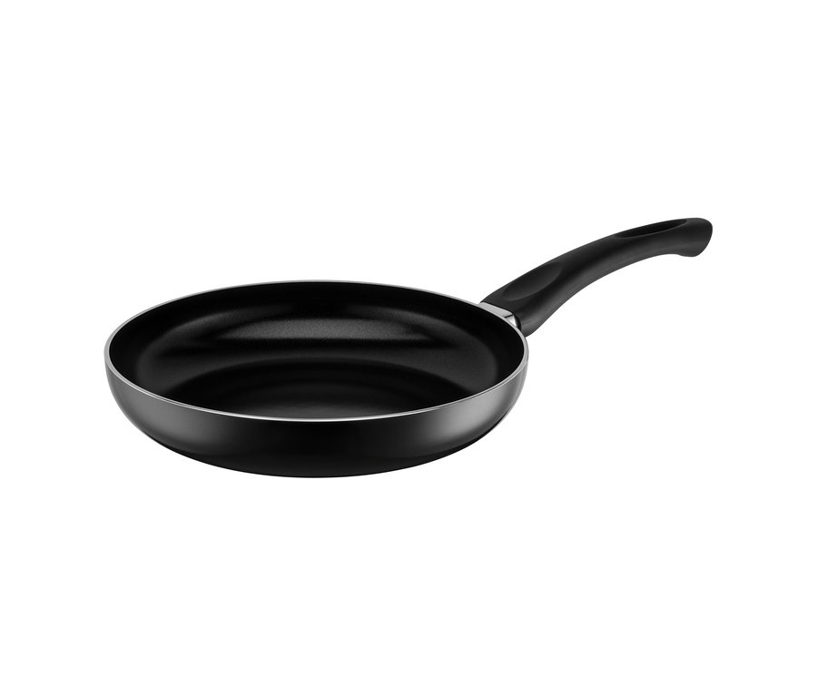 Eine schwarze Bratpfanne mit schwarzem Griff, Teil des Mäser Pfannen-Sets »Ezaki«.