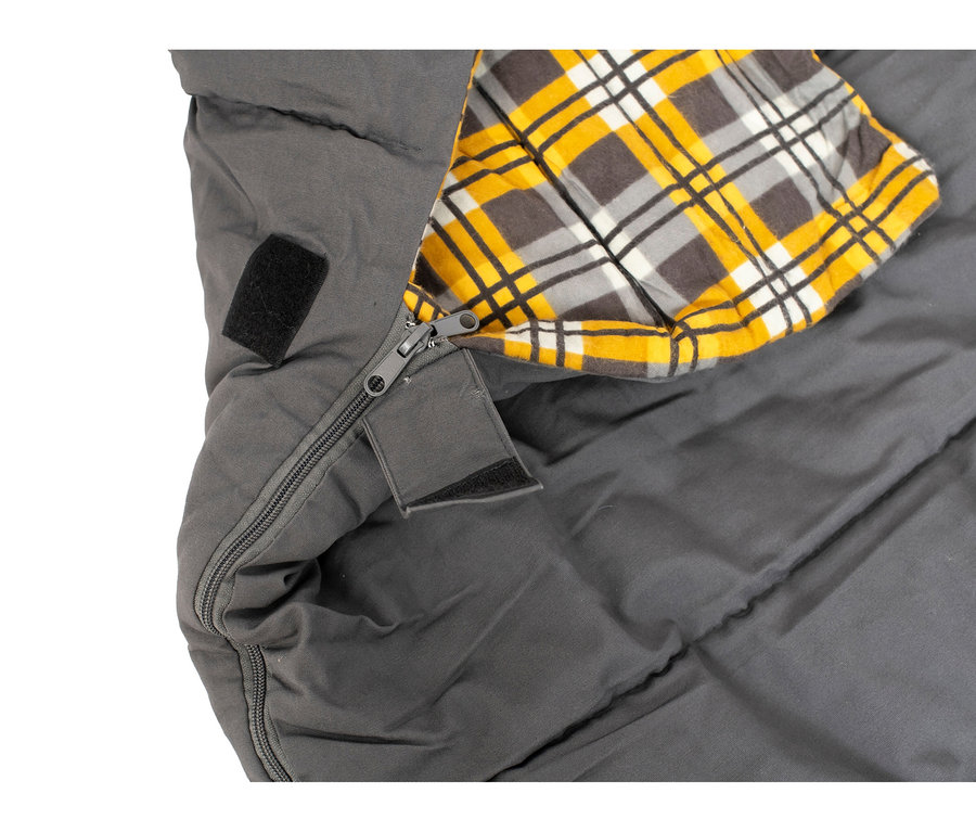 Grauer XXL-Doppelschlafsack mit geöffnetem Reißverschluss und Klettverschlüssen, der ein gelb-grau kariertes Innenfutter zeigt.