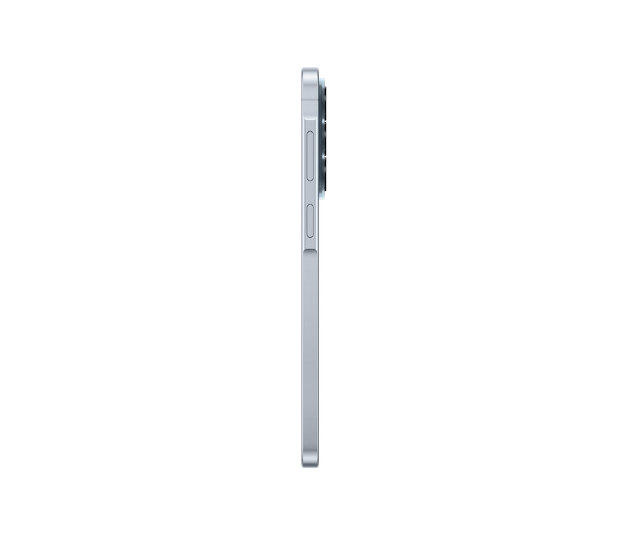 Seitenansicht eines eisblauen Samsung Galaxy A57 5G Smartphones, das seine Tasten und das Kameramodul zeigt.