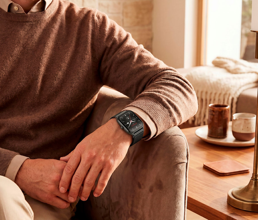 Mann sitzt in einem braunen Sessel, trägt einen braunen Pullover und eine schwarze Smartwatch mit Mesh-Armband am linken Handgelenk. Seine Hände sind gefaltet, und ein Beistelltisch mit Tassen und einer Lampe steht neben ihm.