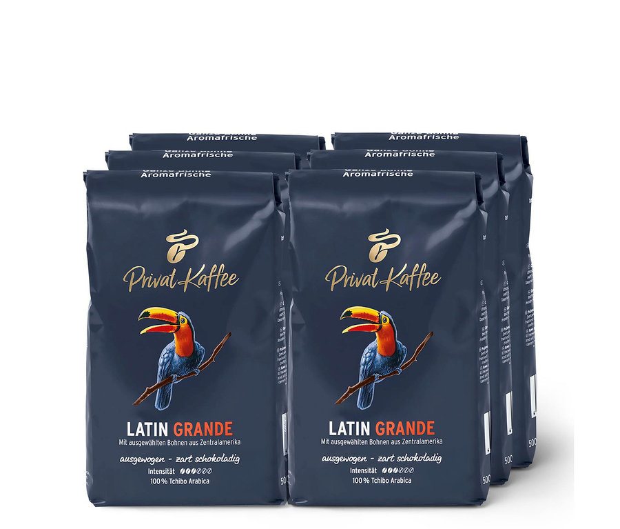 Sechs Packungen Privat Kaffee Latin Grande - 6x 500 g Ganze Bohne.
