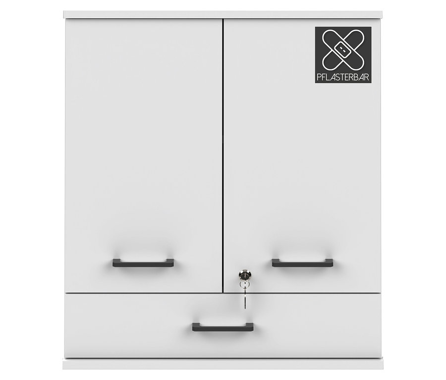 Matter weißer Medizinschrank »Galeno« mit 2 Türen, 1 Schublade, schwarzen Griffen, Schloss mit Schlüssel und Pflasterbar-Logo.