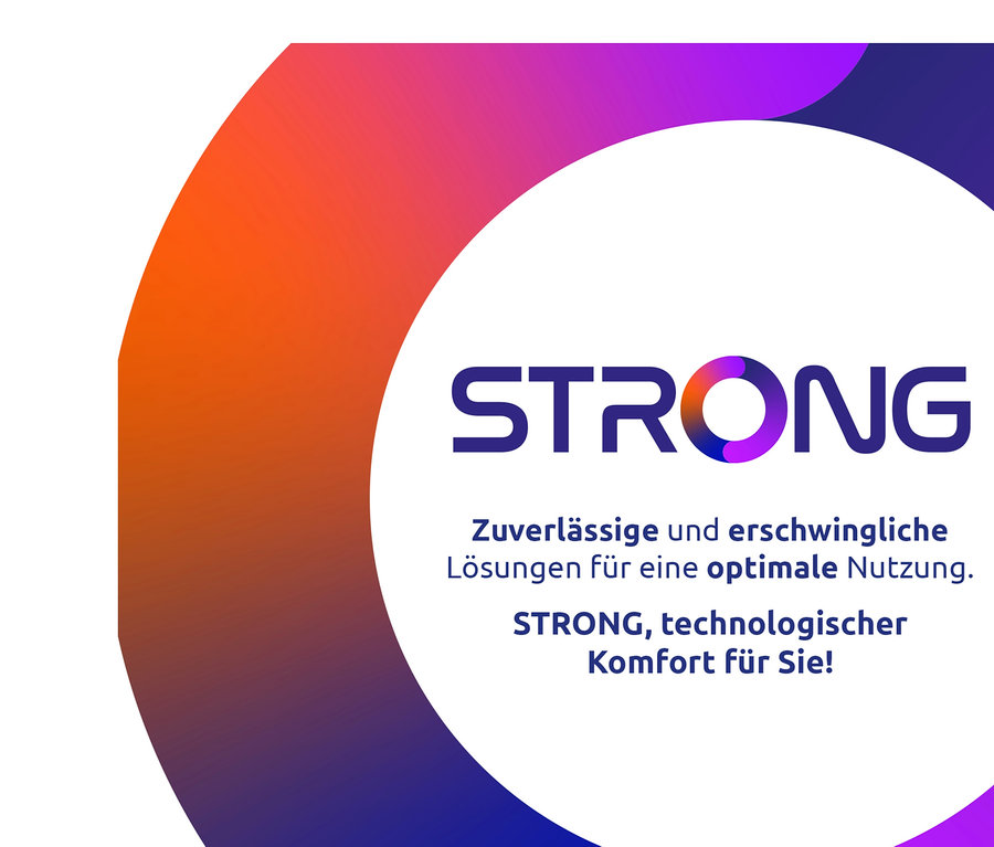 Logo von Strong mit dem Text "Zuverlässige und erschwingliche Lösungen für eine optimale Nutzung. STRONG, technologischer Komfort für Sie!" und Strong Wi-Fi 6 Repeater »AX 1800«.