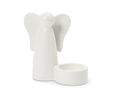 Weißer Keramik-Engel mit Teelichthalter, der eine runde Kopfform, einen konischen Körper und Flügel hat.