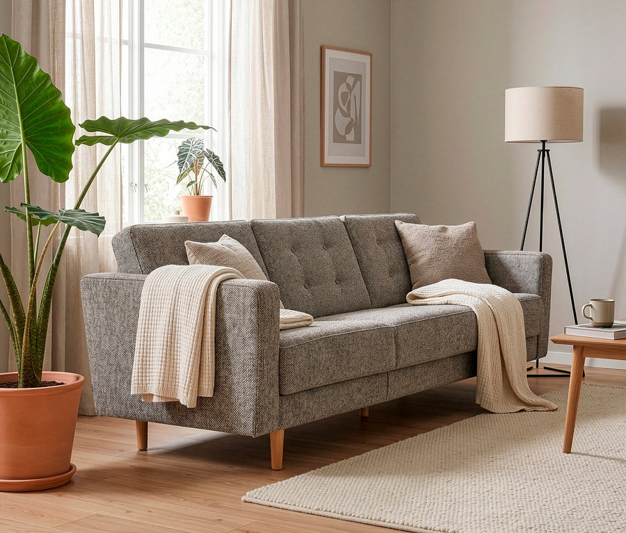 Taupefarbenes 3-Sitzer Schlafsofa »Janny« mit zwei Kissen und zwei beigen Decken in einem Wohnzimmer. Links steht eine große Topfpflanze, rechts eine Stehlampe und ein Beistelltisch.