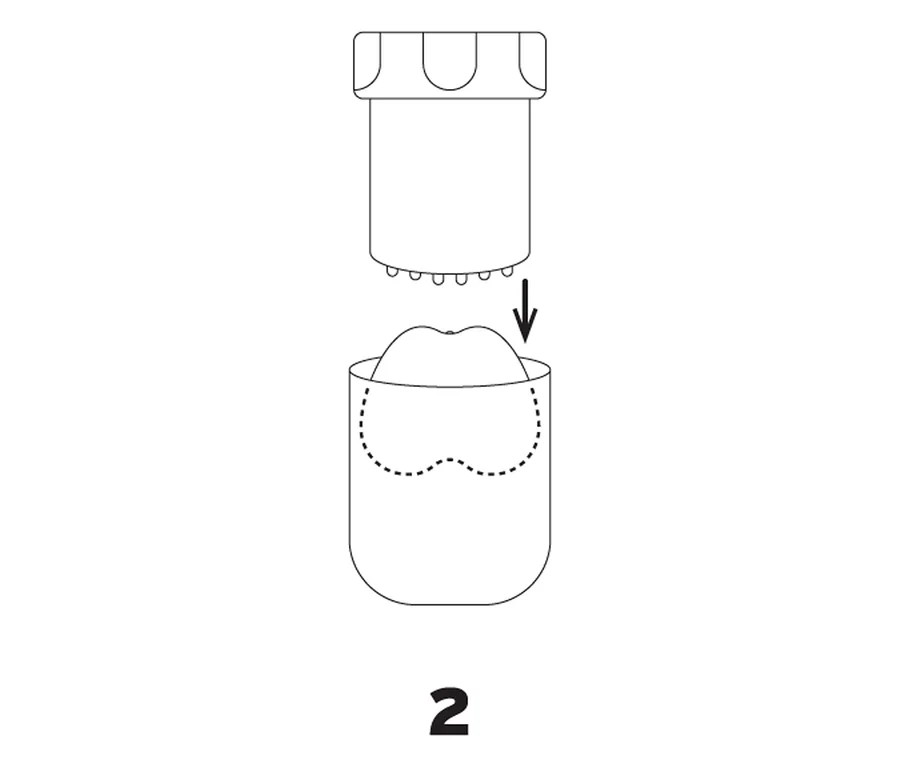 Eine Illustration zeigt ein Presswerkzeug, das nach unten in einen Behälter mit einem herzförmigen Objekt gerichtet ist. Unten steht die Nummer 2.