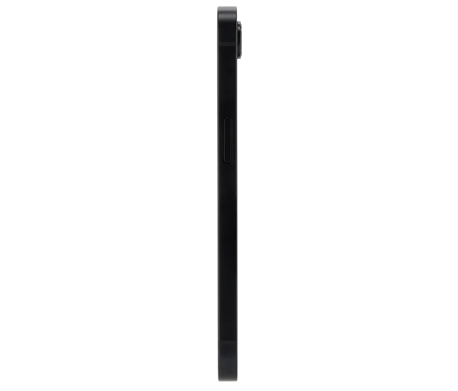 Seitenansicht eines schwarzen Smartphones. Zu sehen ist ein Apple iPhone 16e 128 GB in Schwarz.