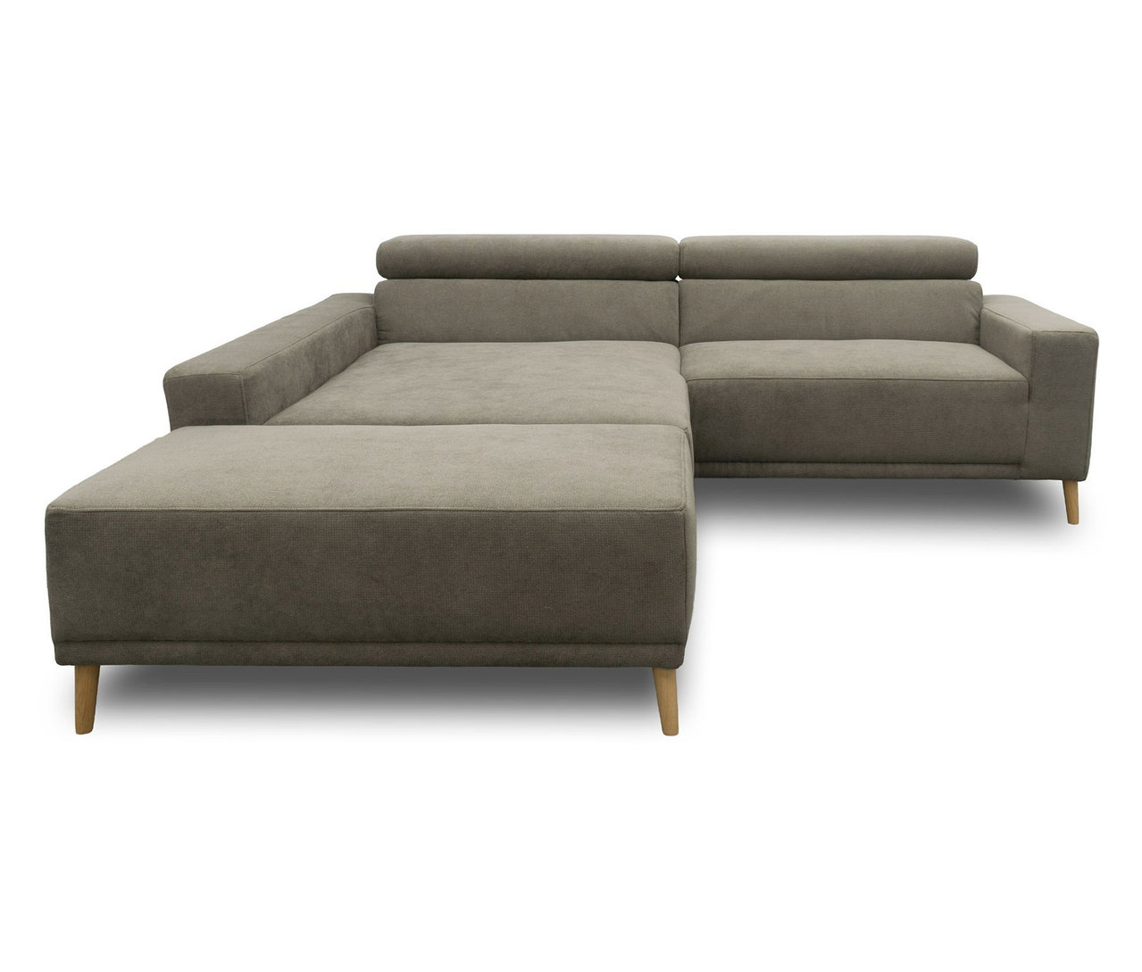 DOMO Eck-Schlafsofa »Malmö« in Grau mit Longchair links, Hocker und holzfarbenen Füßen.