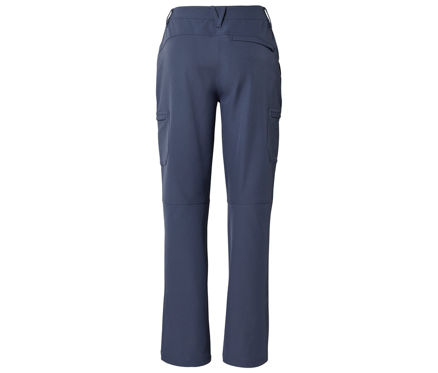 Rückansicht einer dunkelblauen Outdoor-Hose mit Cargotaschen an den Oberschenkeln, einer Gesäßtasche und einem Reißverschluss an den Knien.