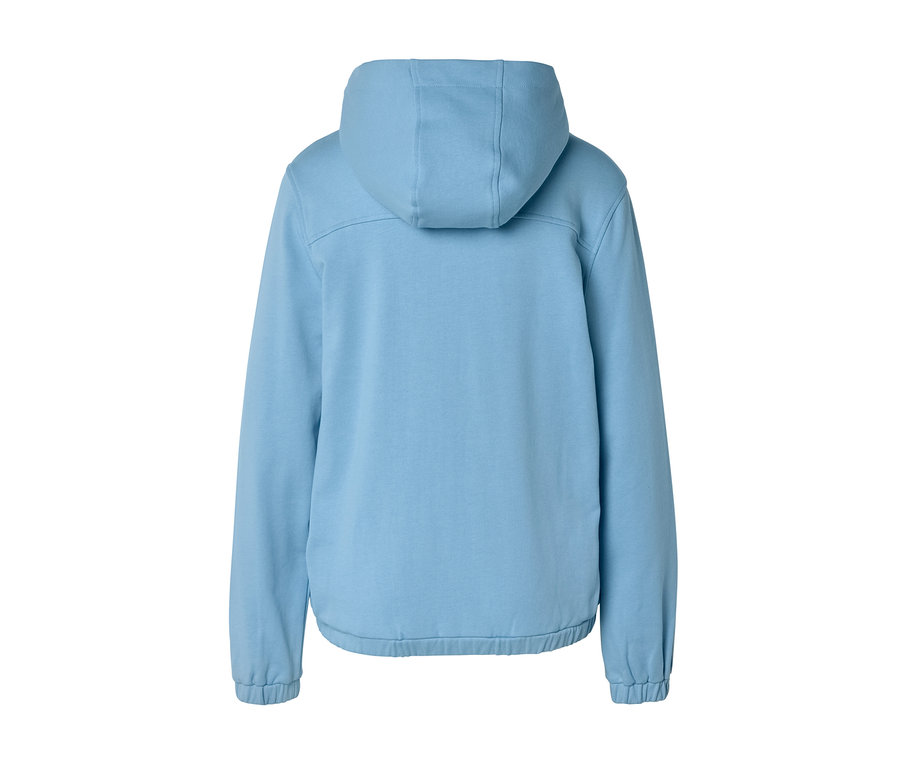 Hellblauer Hoodie von hinten, mit Kapuze, langen Ärmeln mit Rippbündchen und geripptem Saum.
